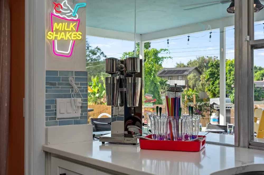 Milkshake station with neon sign