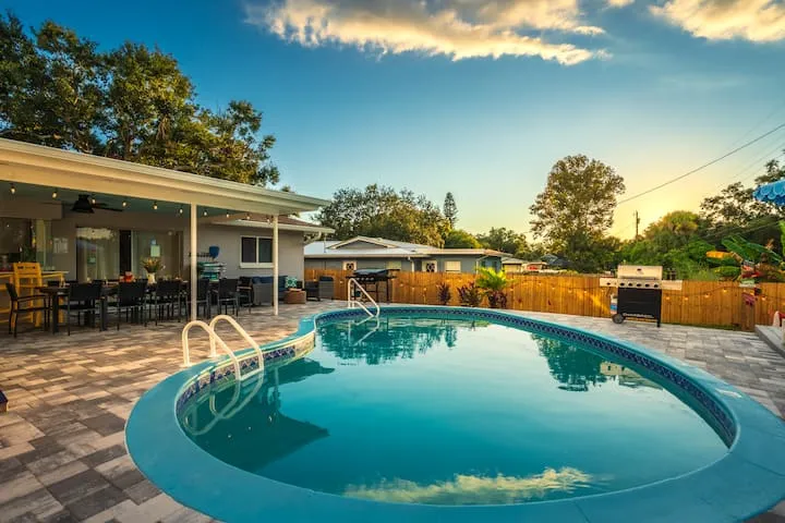 Pool and patio at dusk
