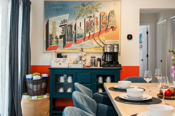 Coffee bar with Greetings from Florida art