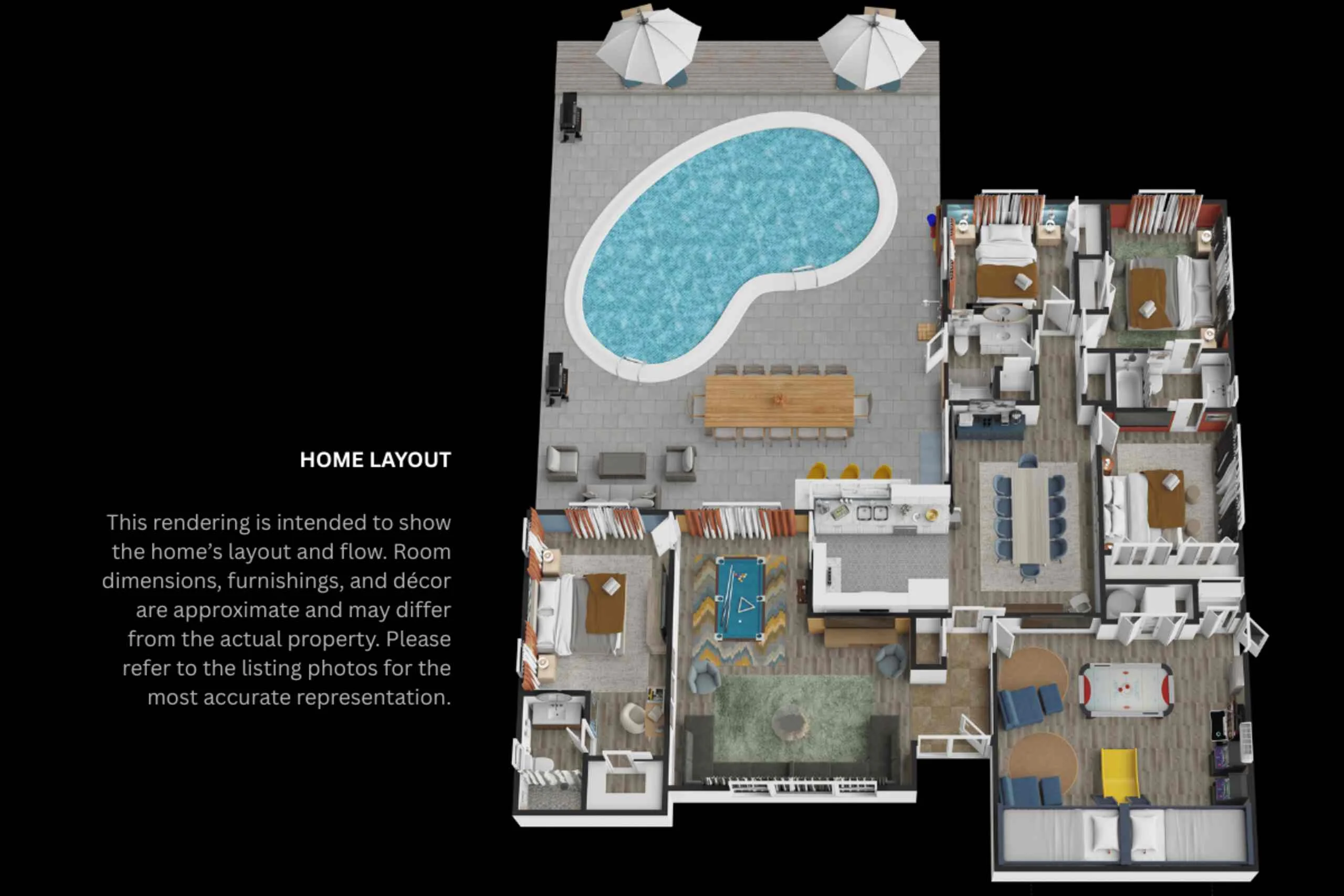 3D floor plan showing the pool, game room, and all 5 bedrooms